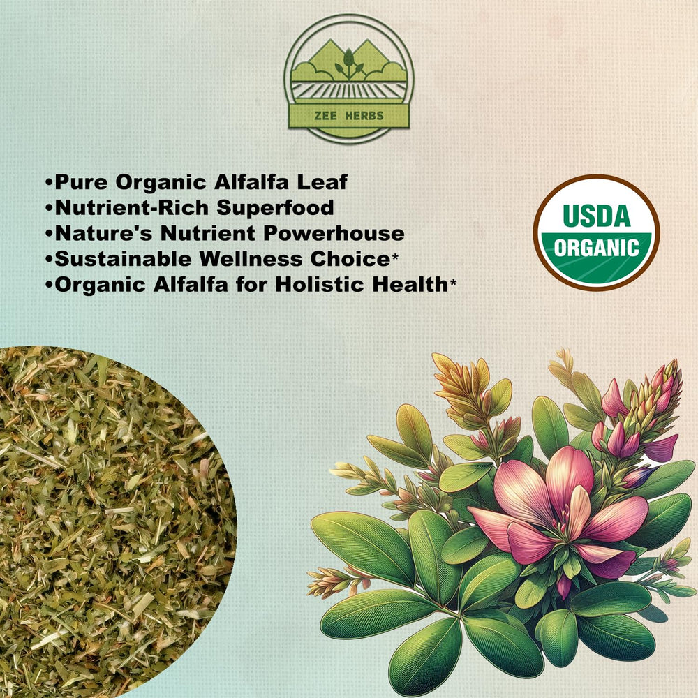 ZeeHERBS Alfalfa Leaf 4 oz pack with label and packaging close-up