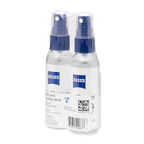 Two 2oz ZEISS lens cleaner spray bottles with microfiber cloths