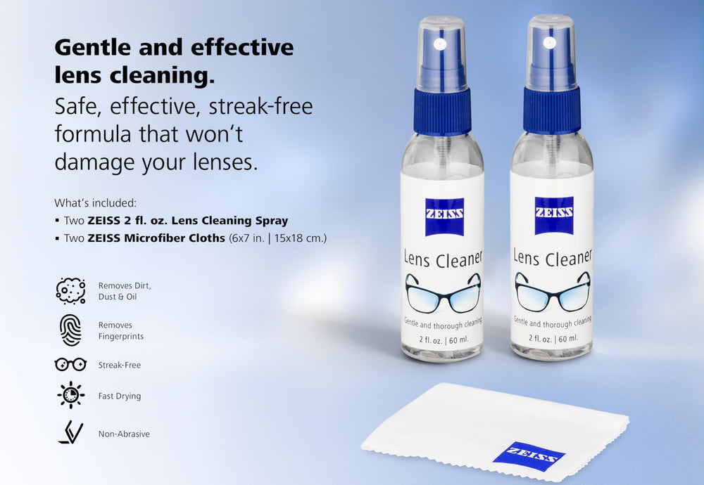 Pack of two ZEISS spray bottles with 100% recycled microfiber cloths