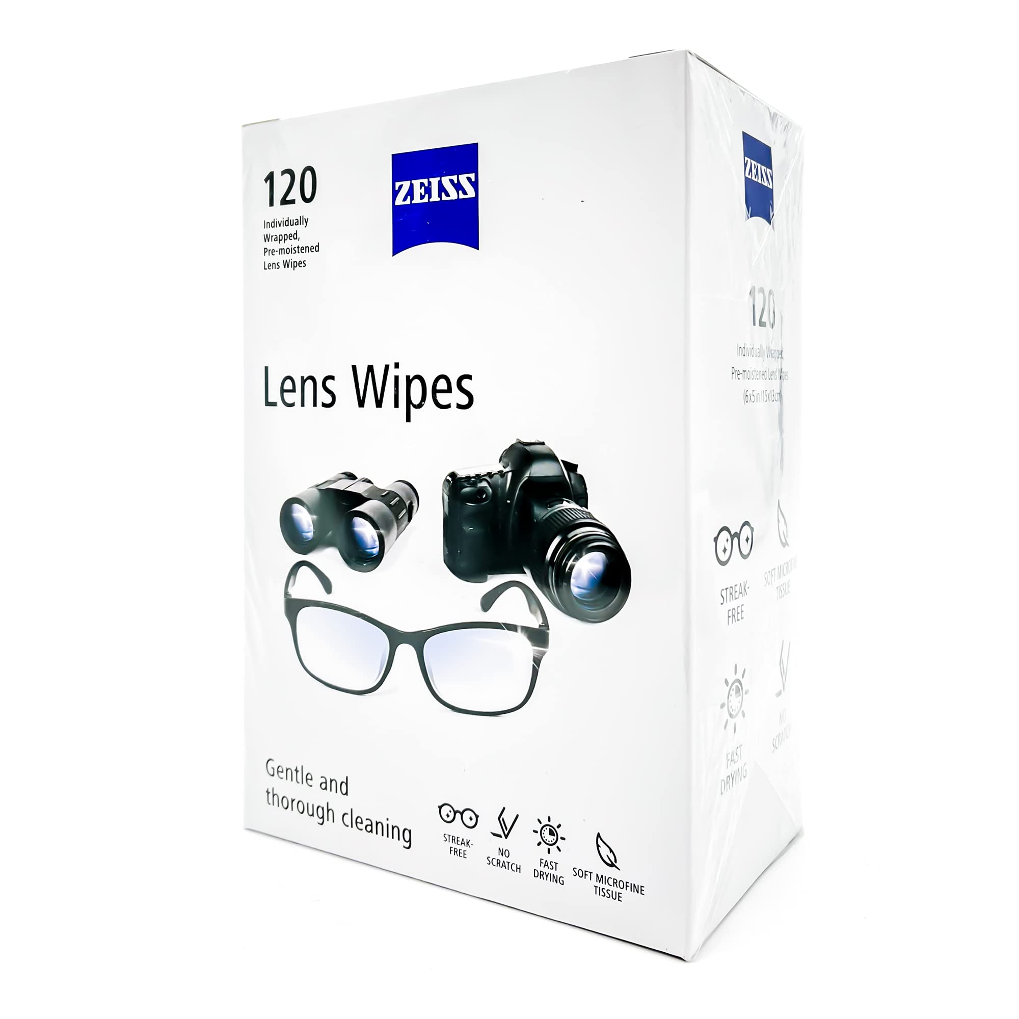 Back view of ZEISS 120ct lens wipes box