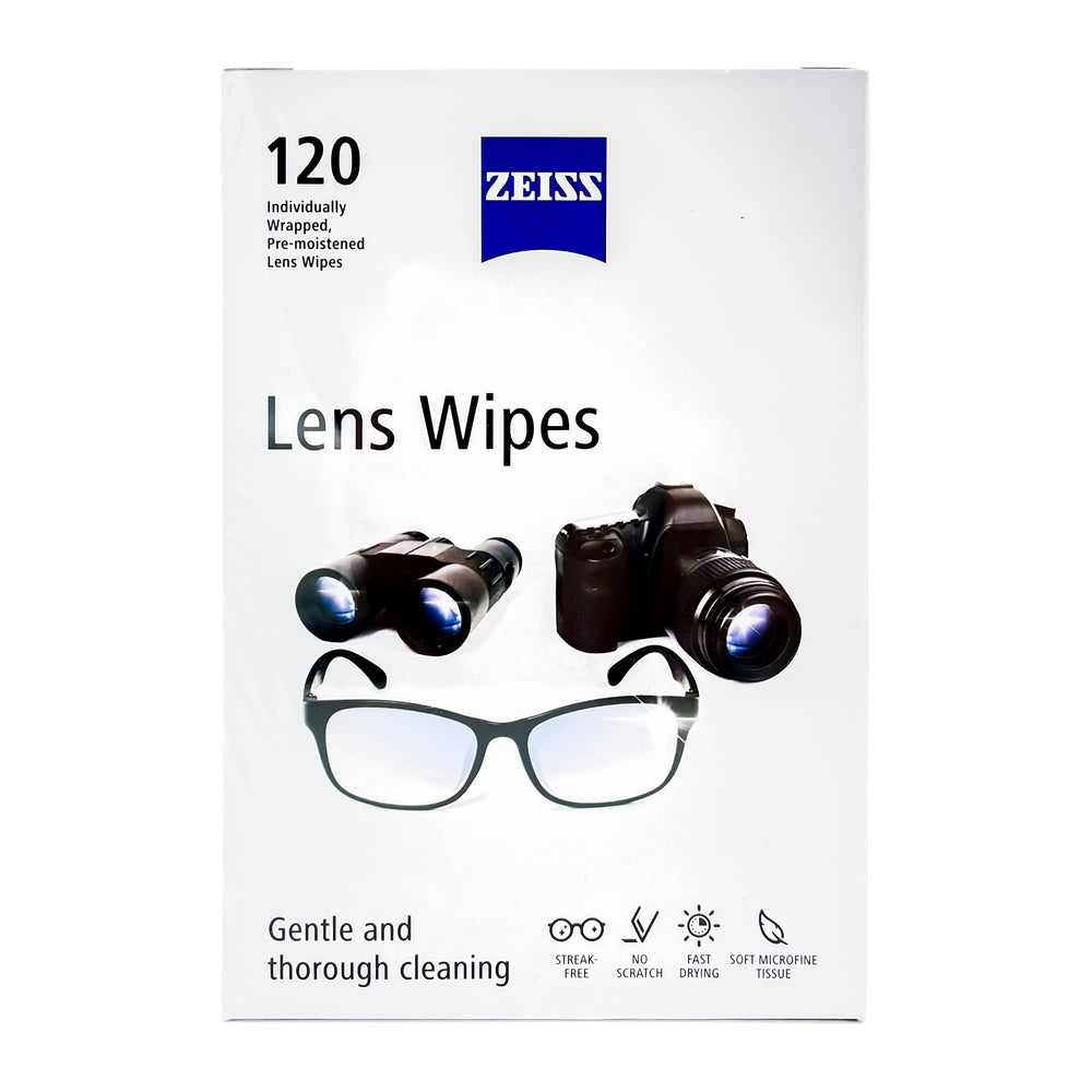 Front view of ZEISS 120-count box of lens cleaning wipes