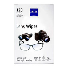 Front view of ZEISS 120-count box of lens cleaning wipes
