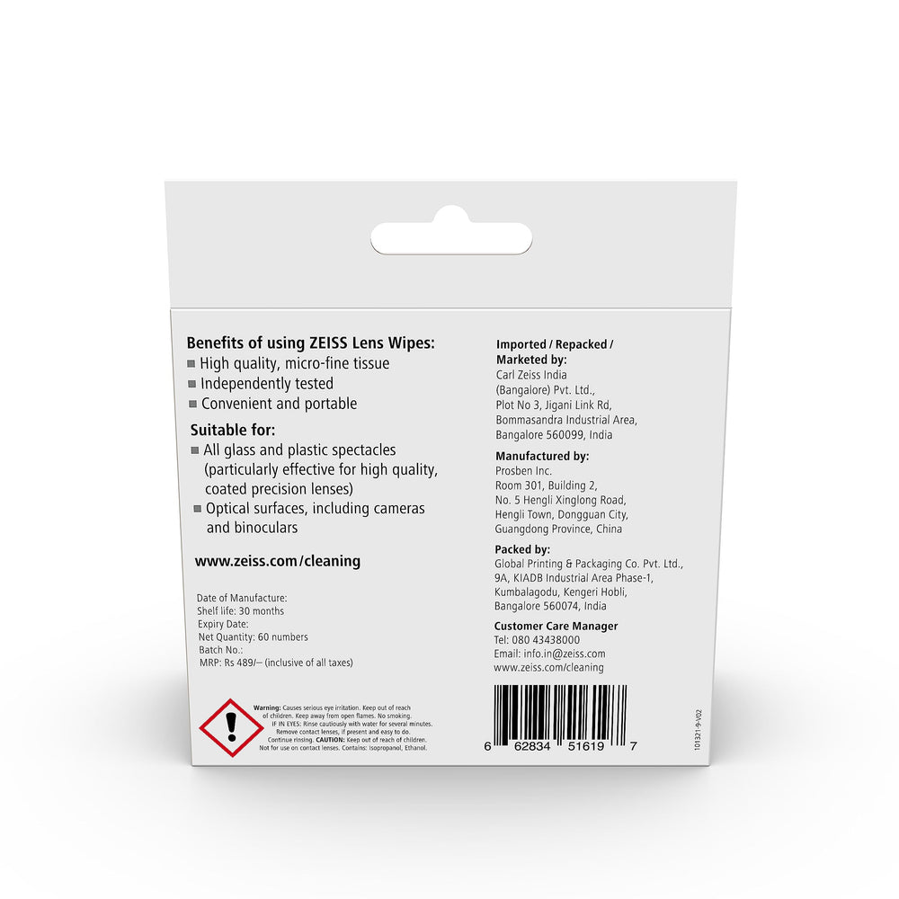 Ammonia-free ZEISS lens wipes