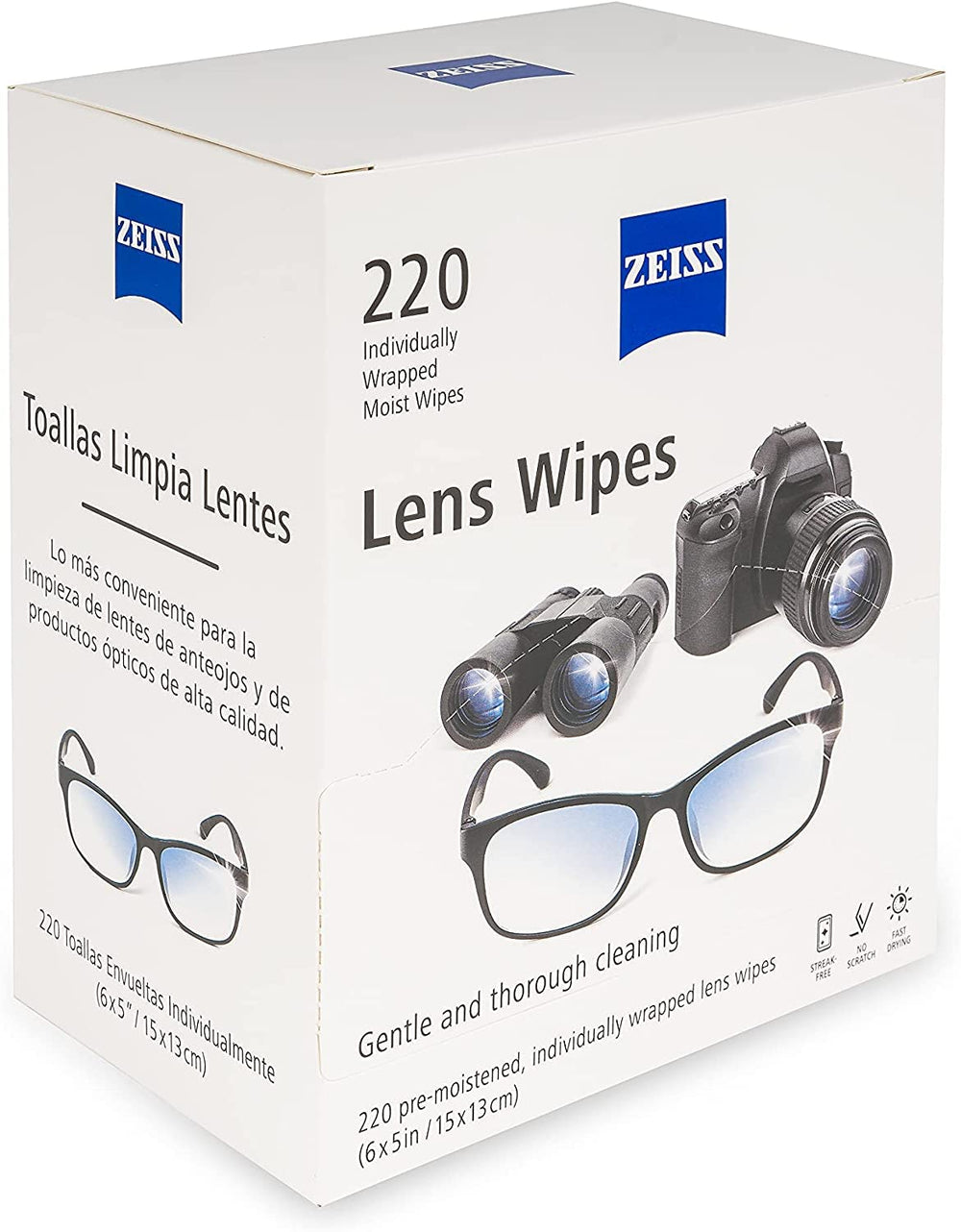 Close-up of ZEISS lens wipes showing 220 count
