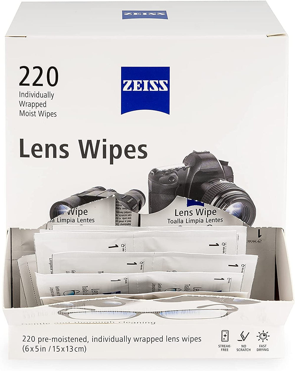 Wipes in use on eyeglasses and camera lenses