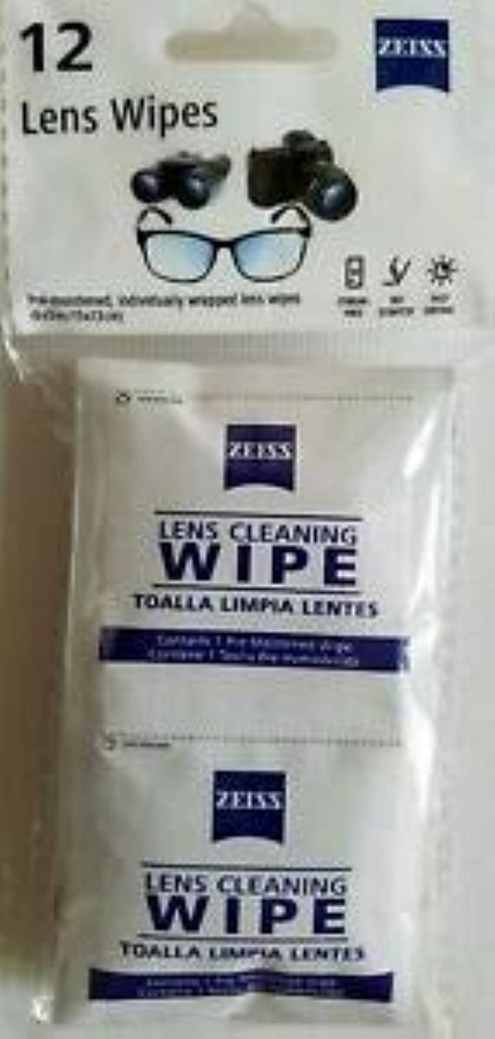 Open Zeiss lens wipes 12-count pack showing moistened sheets