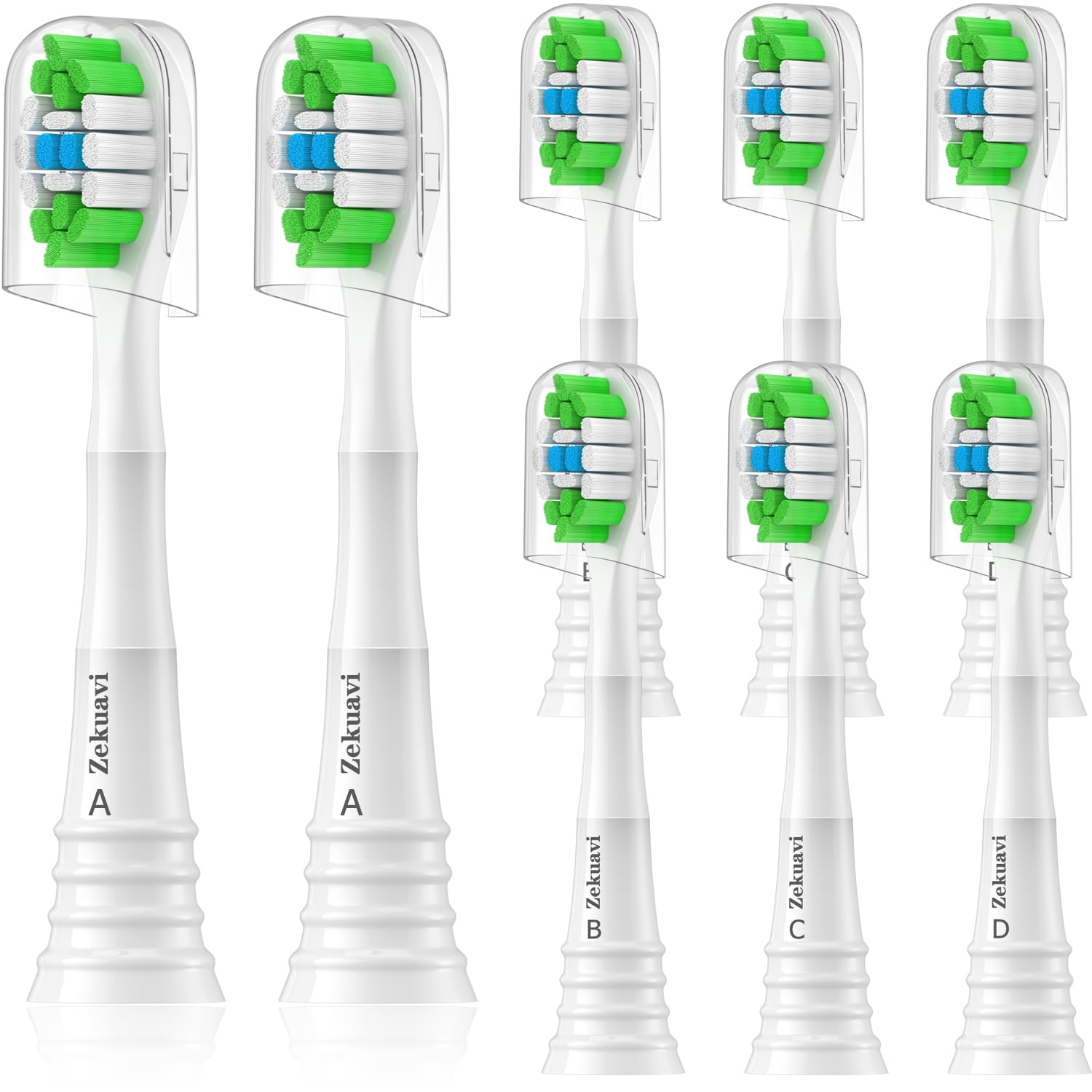 Zekuavi 8-pack toothbrush heads for AquaSonic Black Series, front view (white)