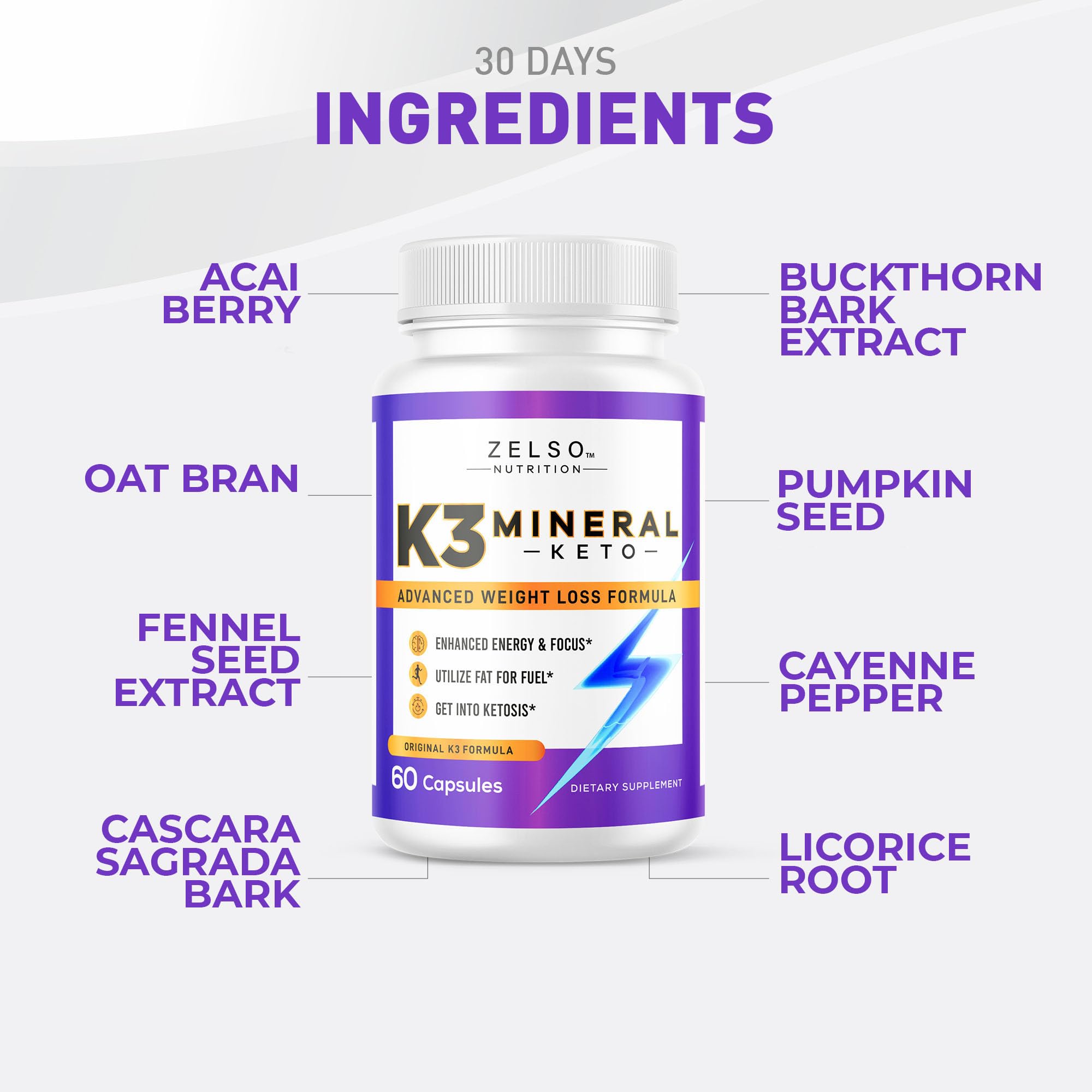 Back view of Zelso K3 Mineral Pill bottle with supplement facts