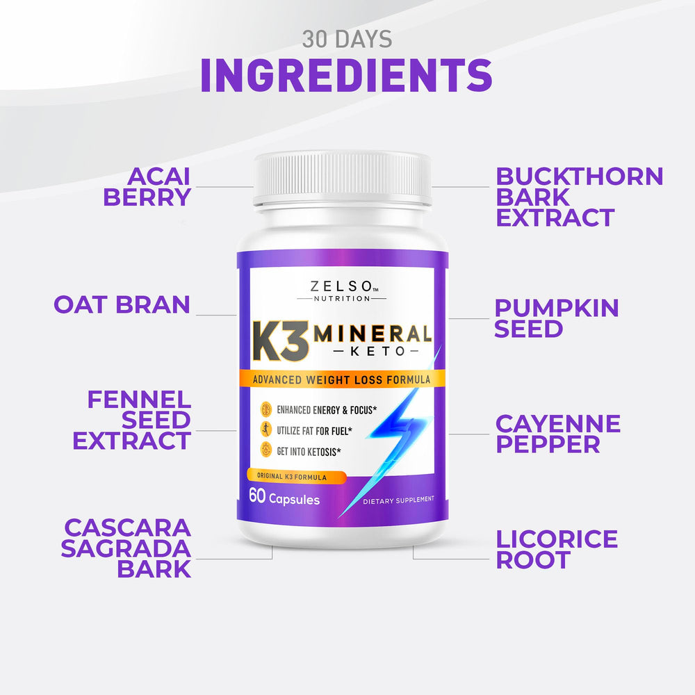 Back view of Zelso K3 Mineral Pill bottle with supplement facts