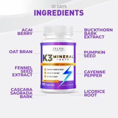 Back view of Zelso K3 Mineral Pill bottle with supplement facts