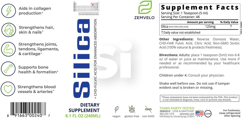 Close-up of clear silica liquid pouring from Zemvelo bottle