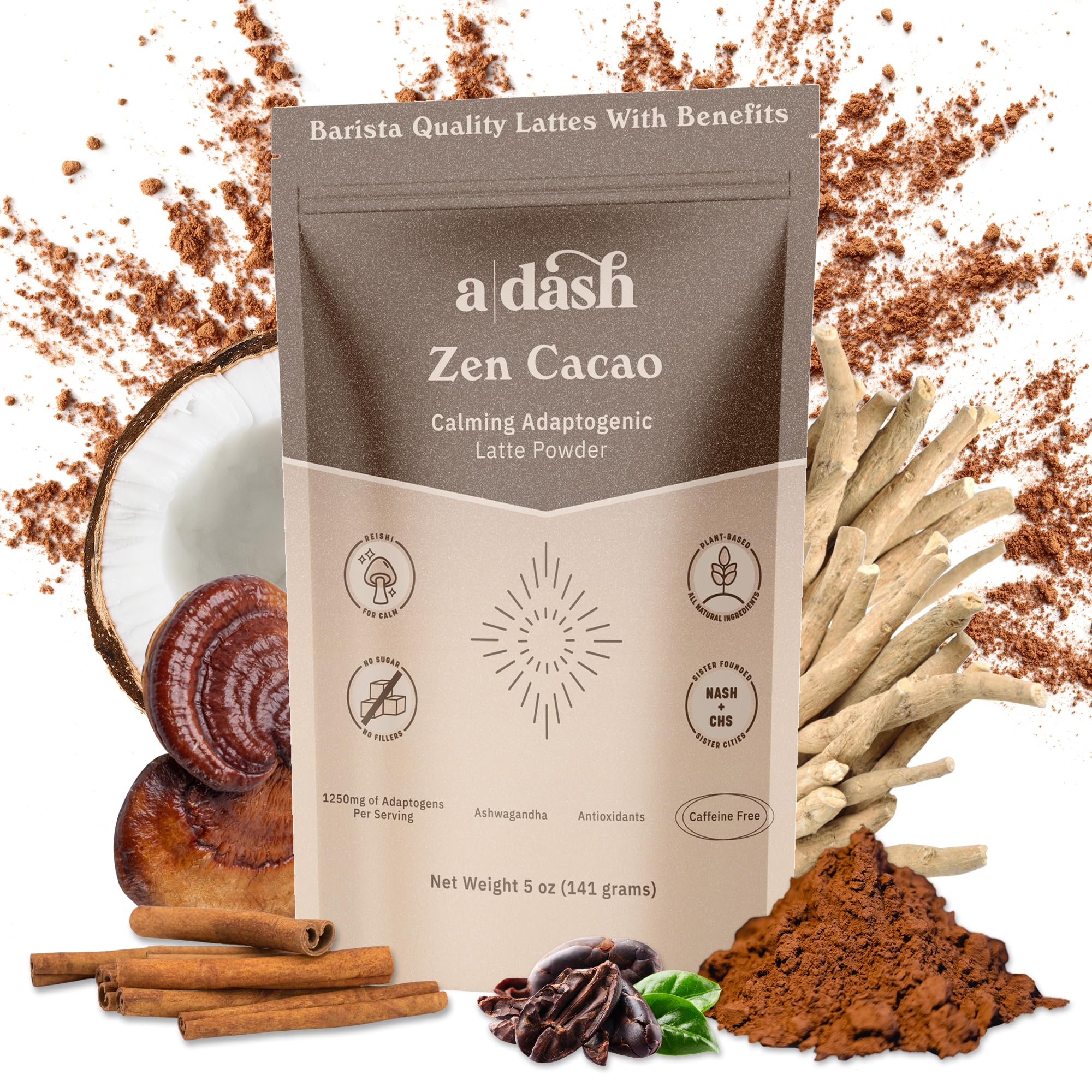 Zen Cacao Latte powder with cacao, reishi and ashwagandha ingredients