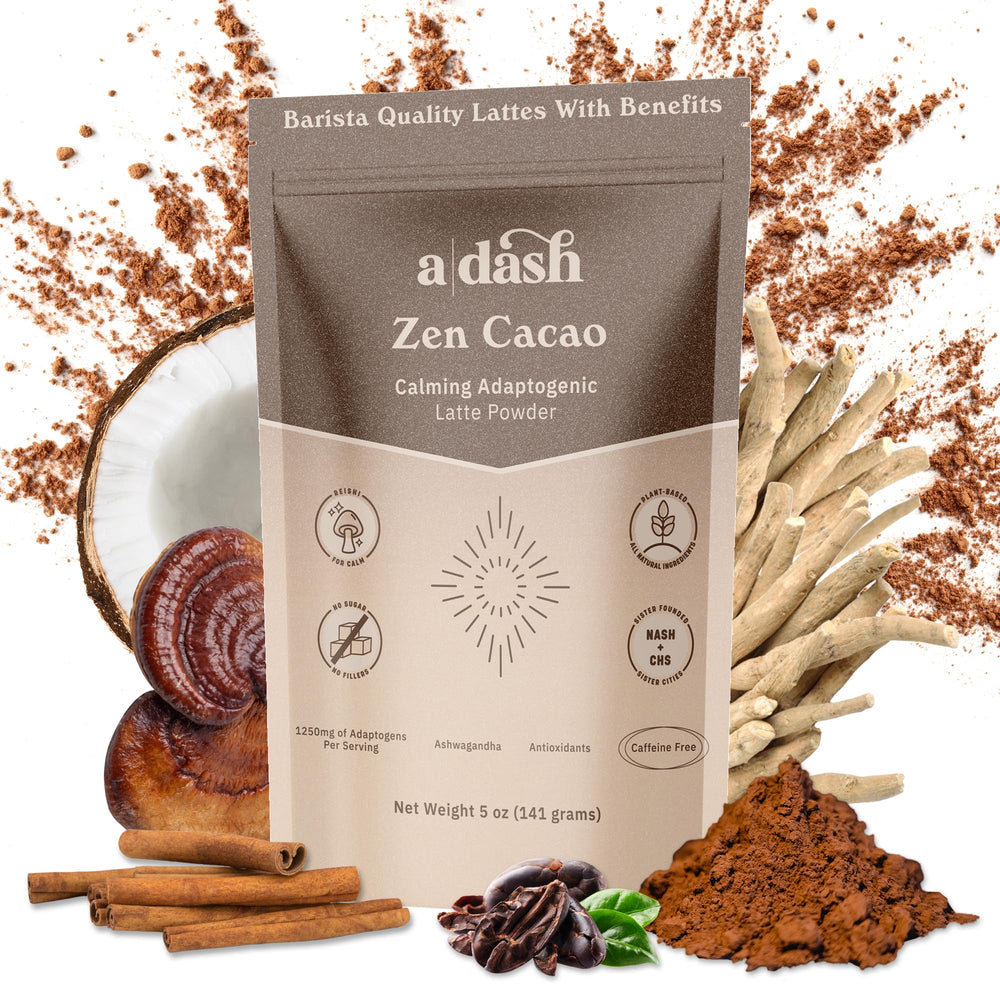 Zen Cacao Latte powder with cacao, reishi and ashwagandha ingredients