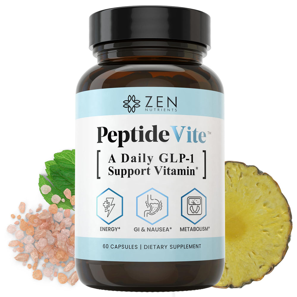 Front view of Zen Nutrients PeptideVite GLP-1 Support Vitamin bottle