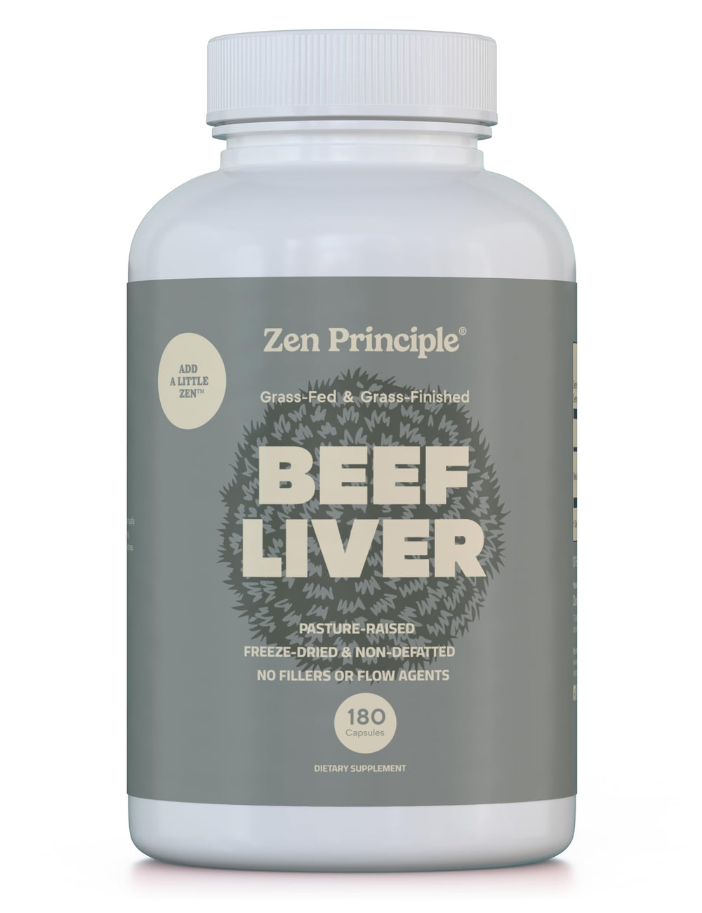 Zen Principle Beef Liver Capsules bottle with label highlighting grass-fed NZ liver