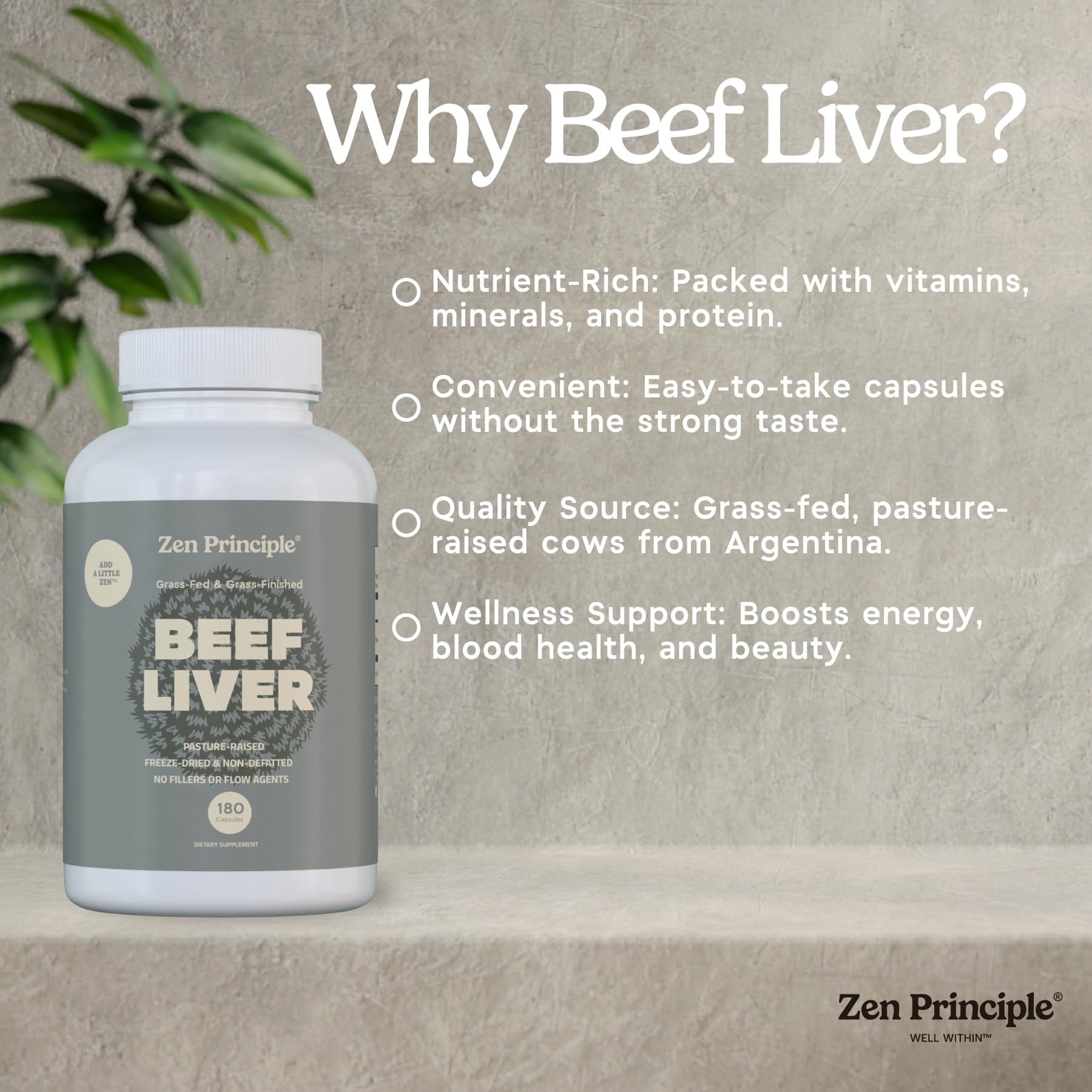Beef liver capsules showing zinc, copper, choline and hyaluronic acid