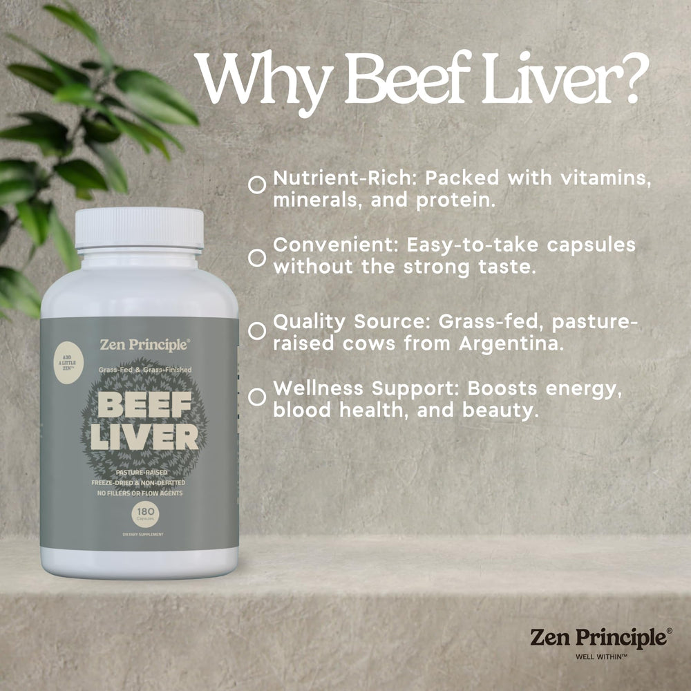 Beef liver capsules showing zinc, copper, choline and hyaluronic acid