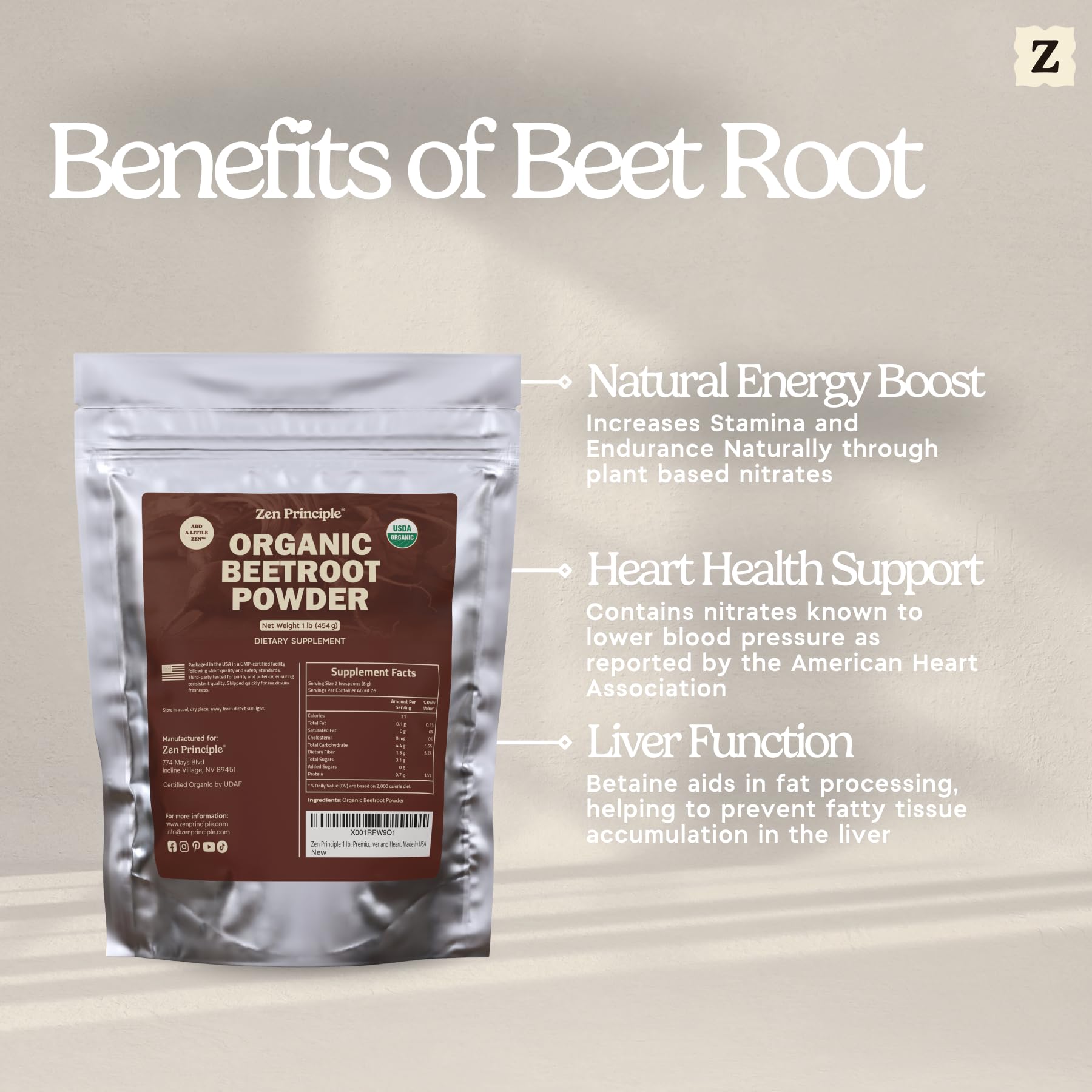 Close-up of Zen Principle beetroot powder label