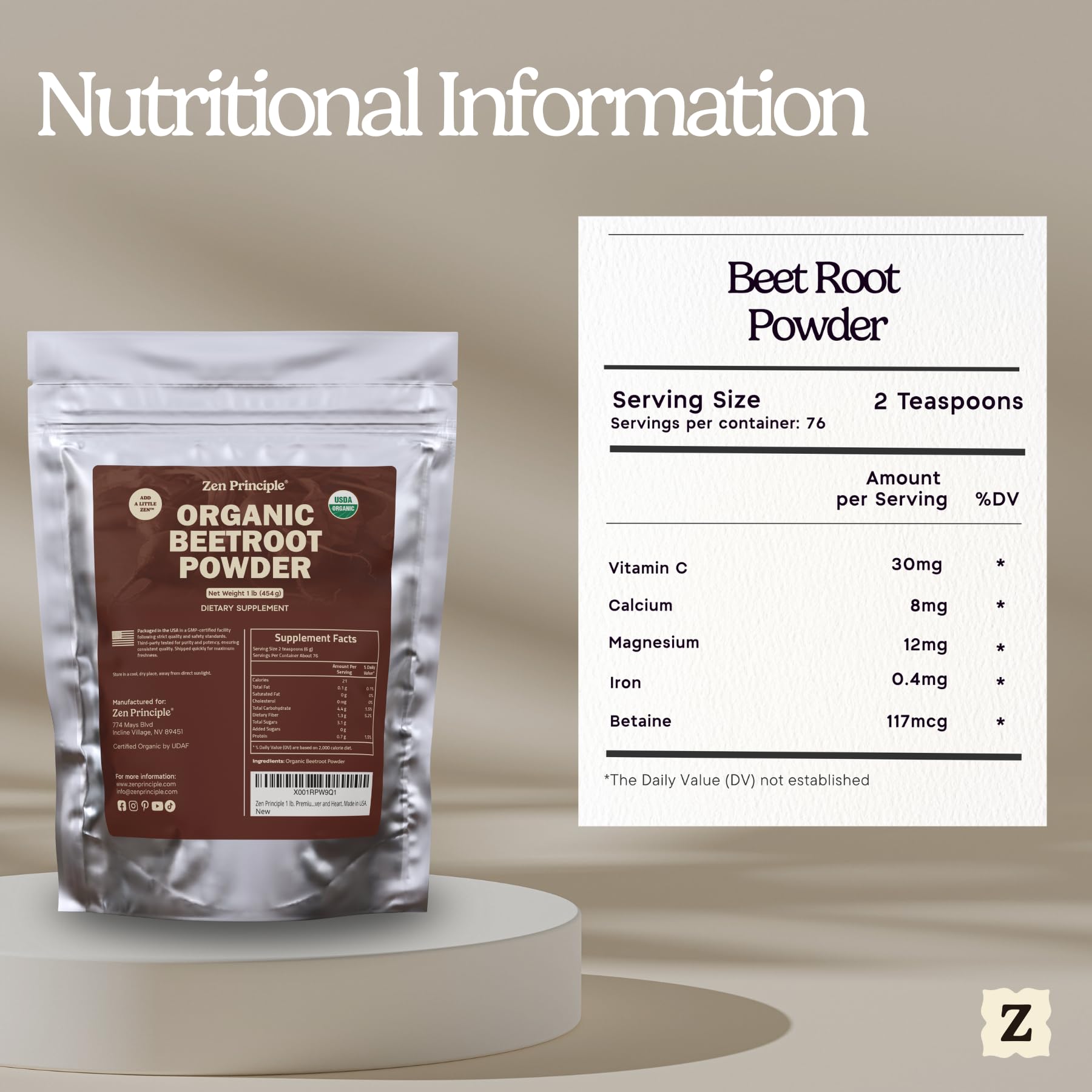 Made in USA label on Zen Principle beetroot powder jar