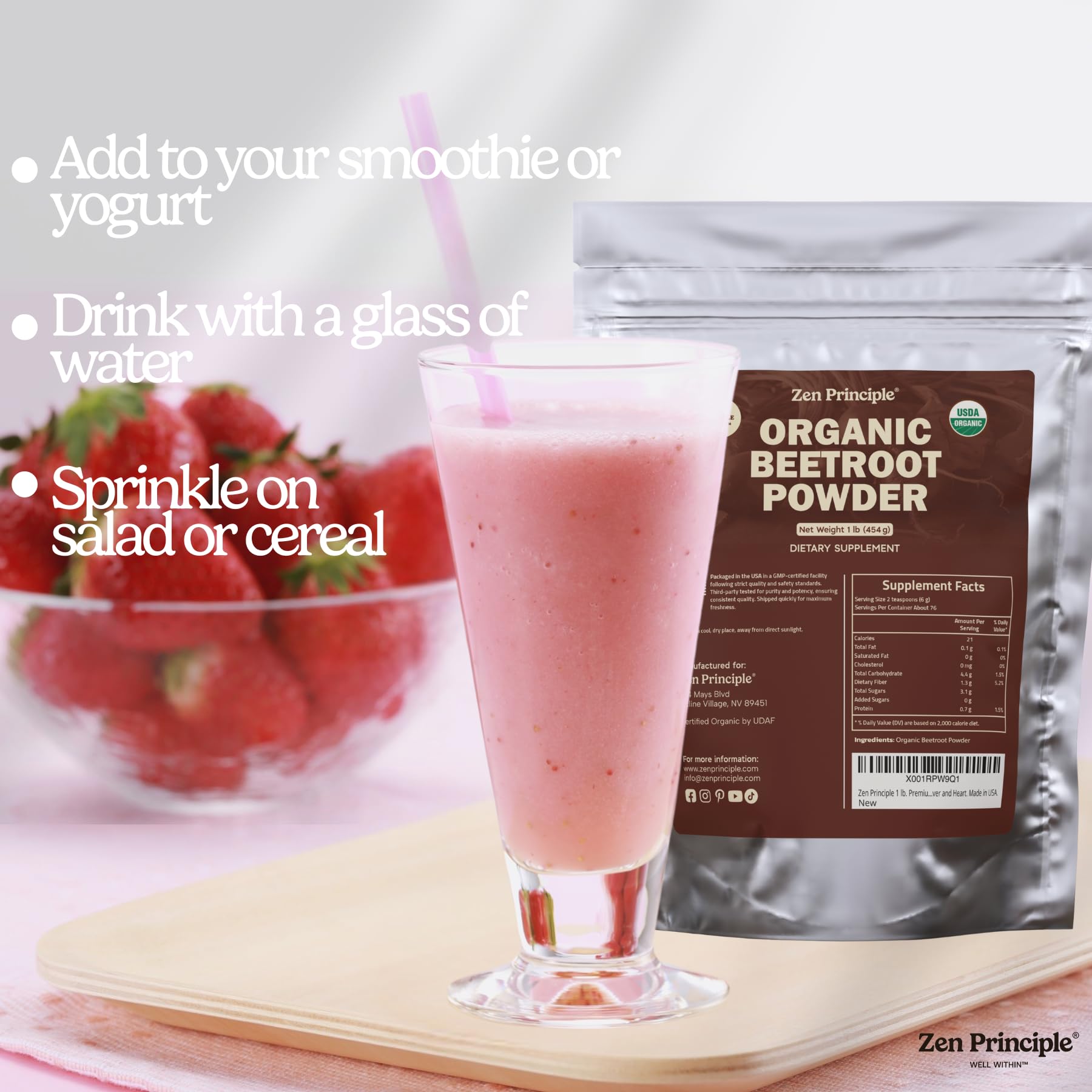 Nutrition facts panel for Zen Principle beetroot powder