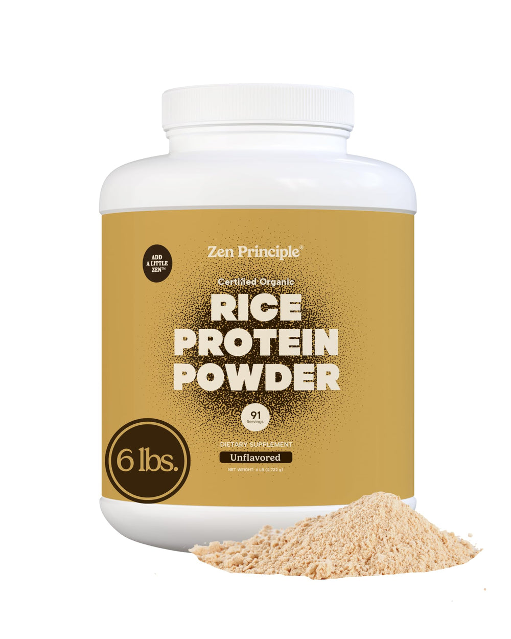 Zen Principle brown rice protein bag side view for easy mixing in smoothies