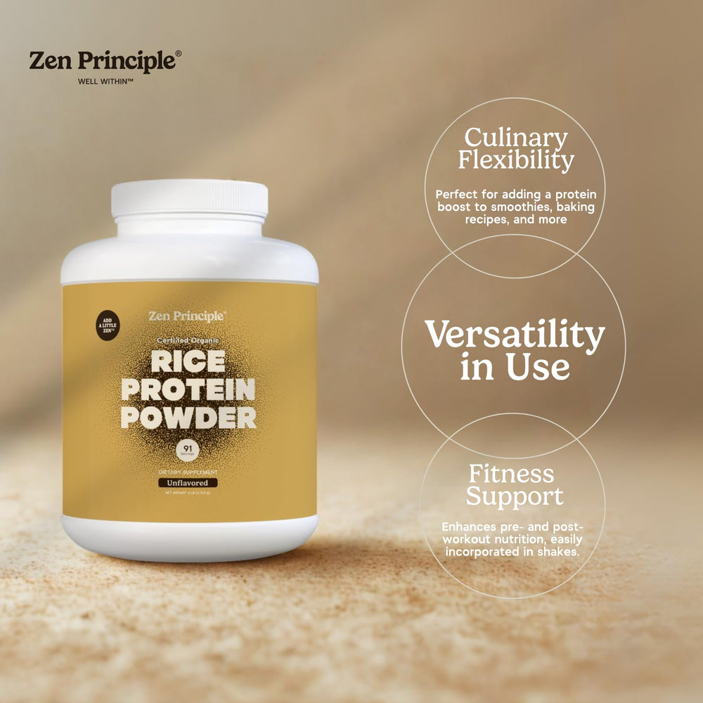Zen Principle brown rice protein ingredients label showing vegan, non-GMO formula and 26 g protein per serving