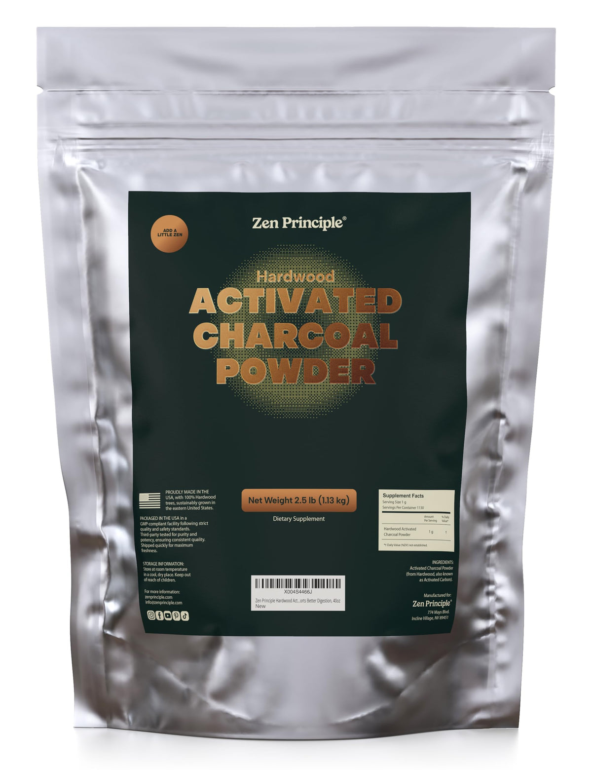 Front view of Zen Principle Hardwood Activated Charcoal Powder container
