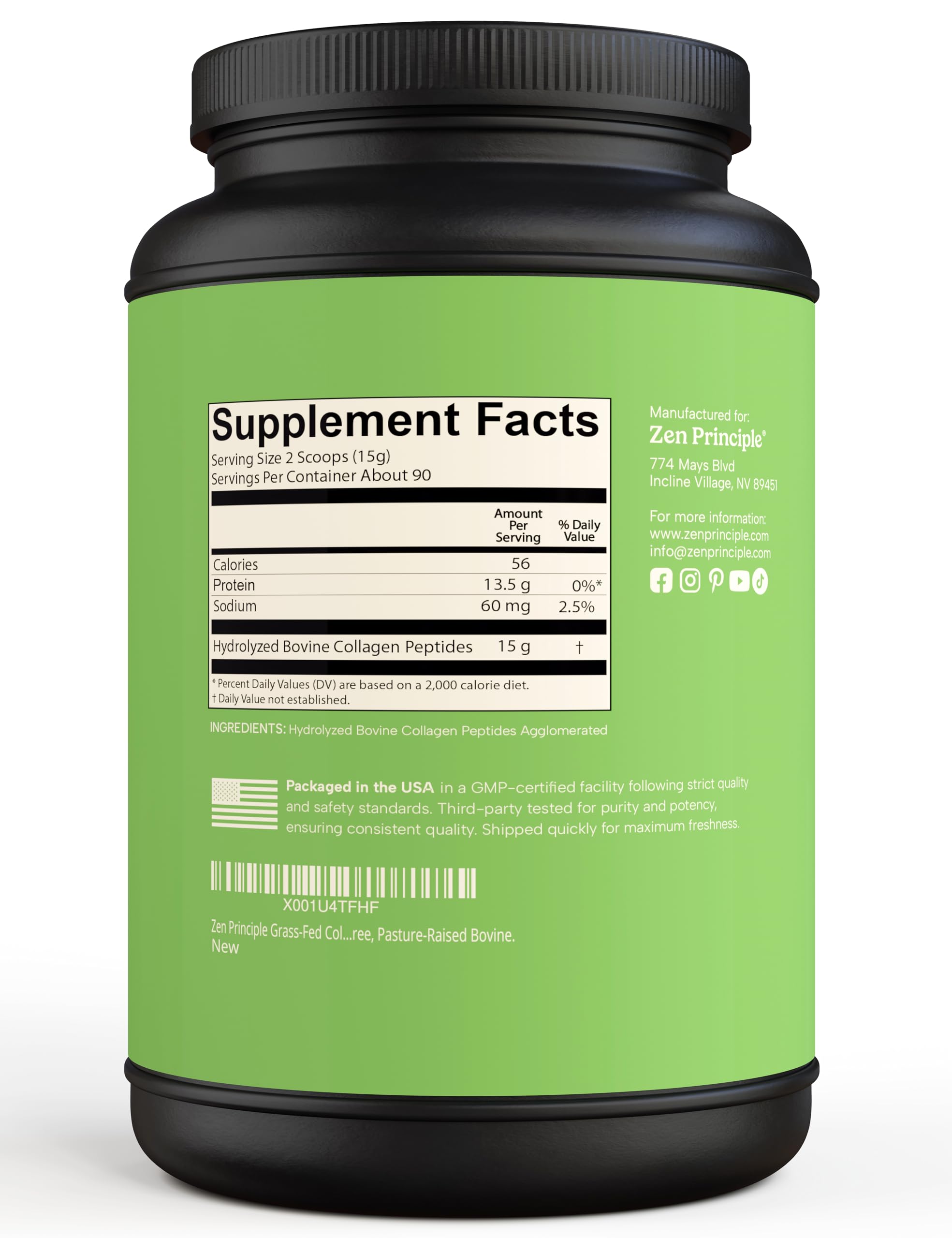 Ingredients and supplement facts for Zen Principle collagen peptides