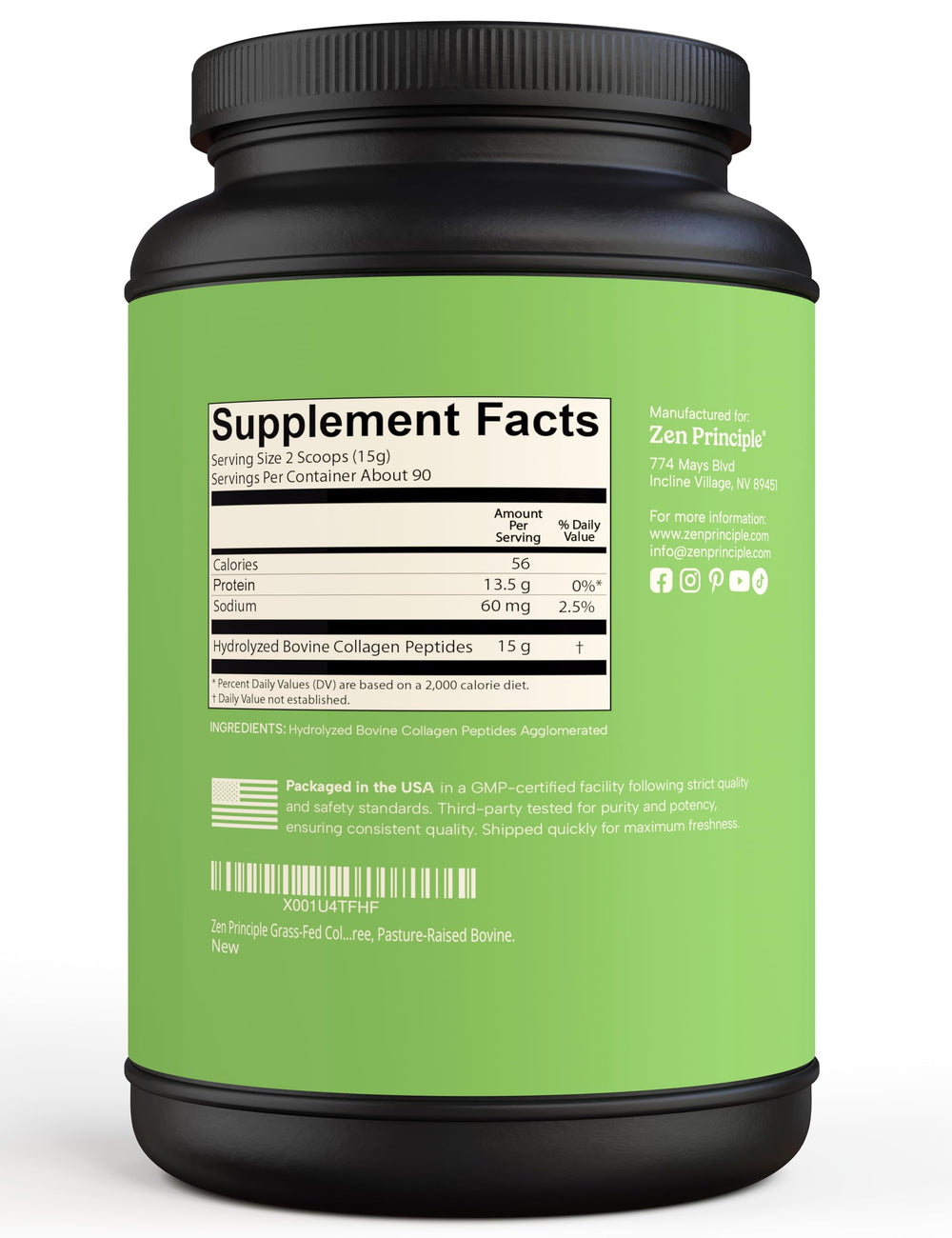 Ingredients and supplement facts for Zen Principle collagen peptides