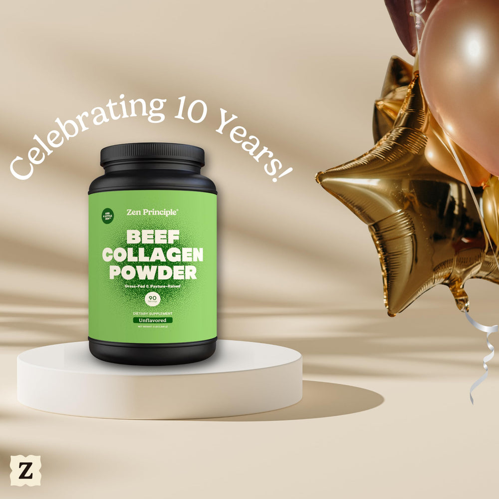 Close-up of Zen Principle 3 lb collagen powder packaging