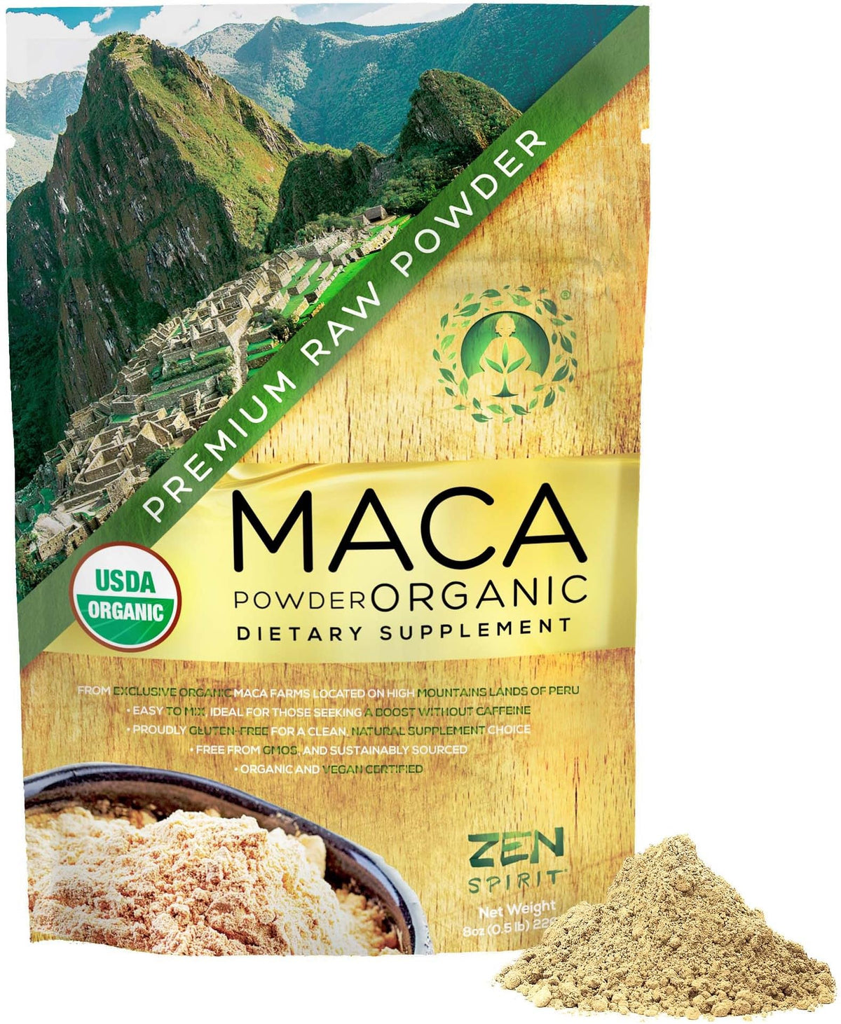 Front view of Zen Spirit Maca Root Powder Organic 8oz bag