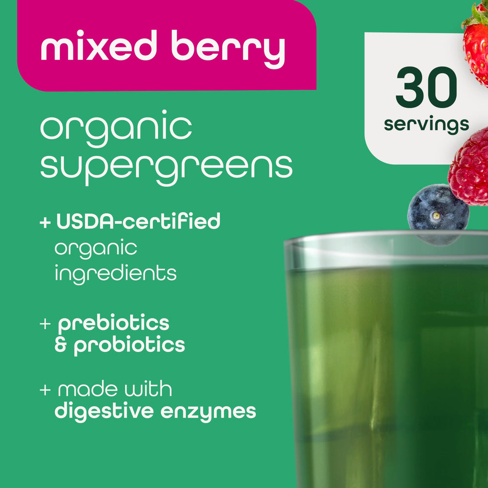 Close-up of 70+ superfoods in the greens blend