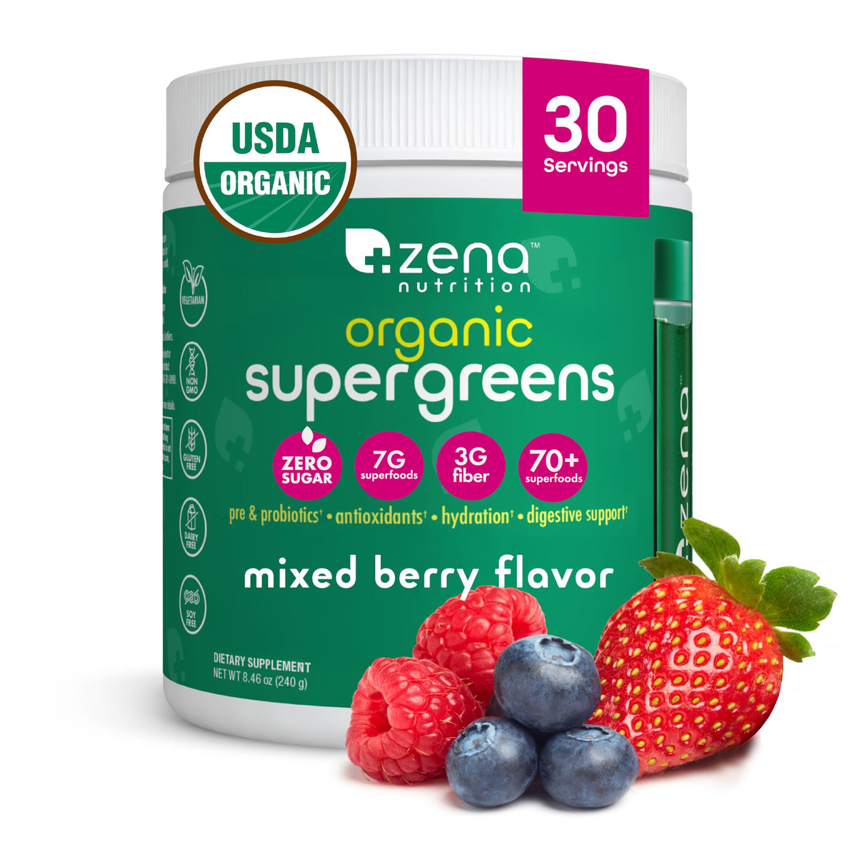 Packaging of Zena Nutrition Organic Super Greens Powder in Mixed Berry flavor