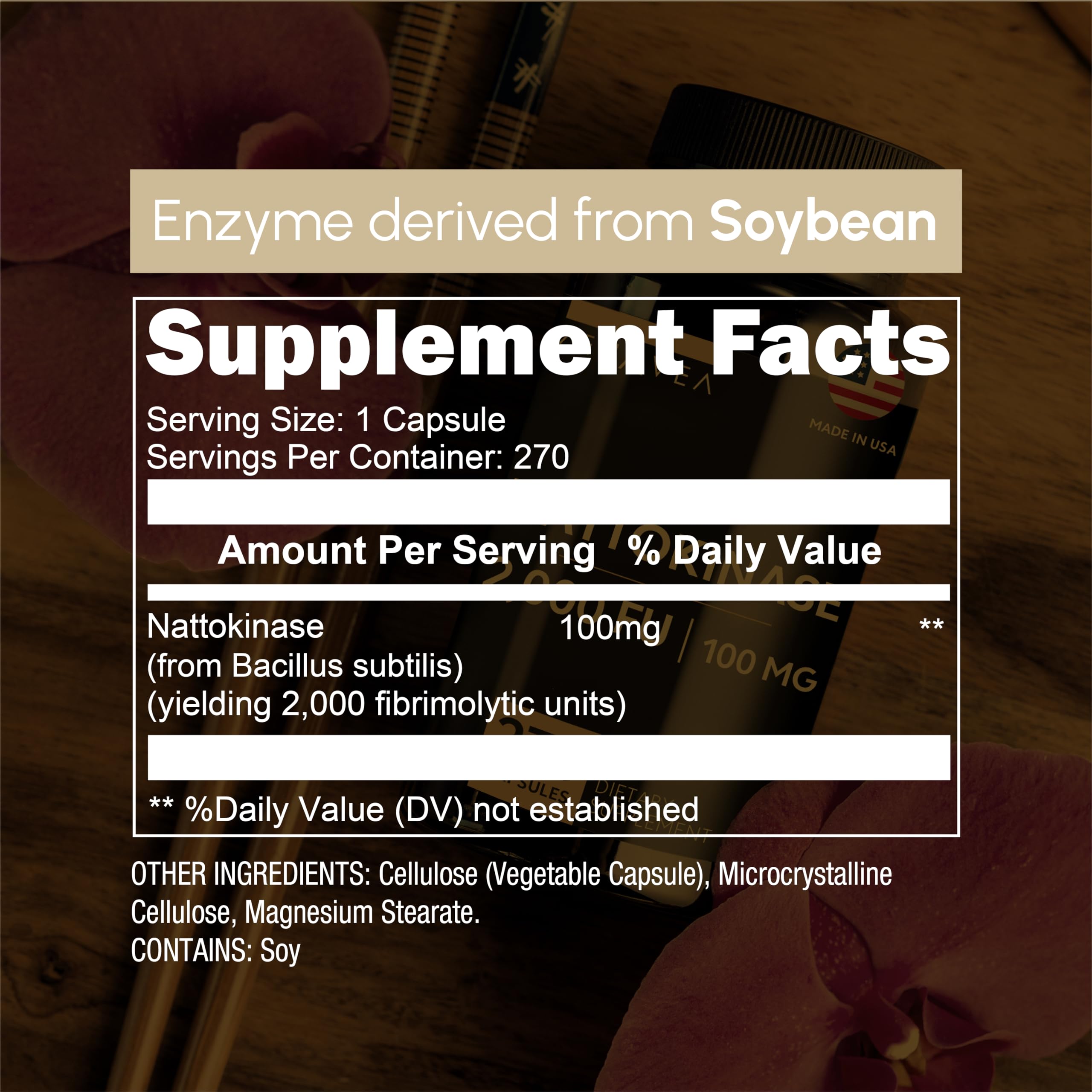 Close-up of Zenavea Nattokinase bottle, USA-made