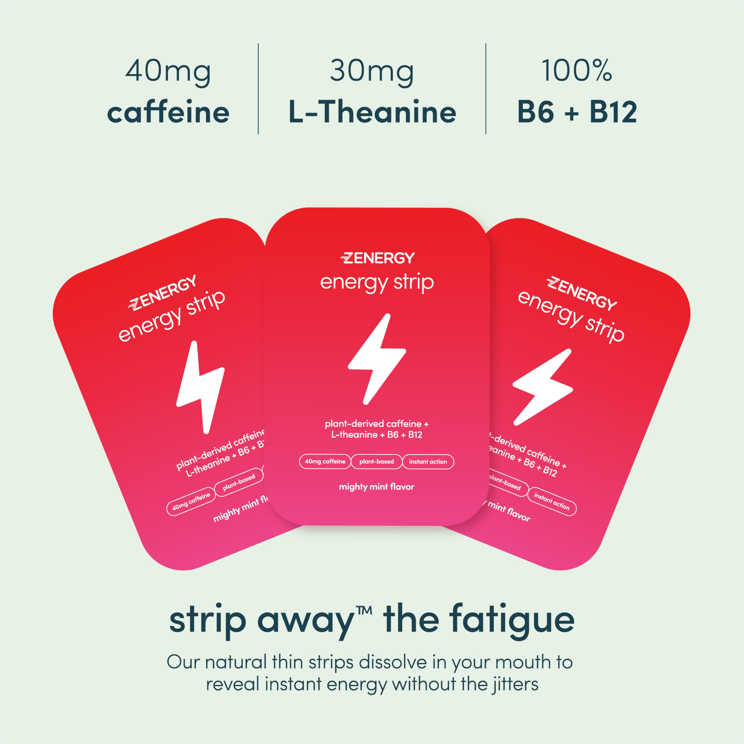ZENERGY Mint Energy Strips tin side emphasizes zero sugar and vegan formula.
