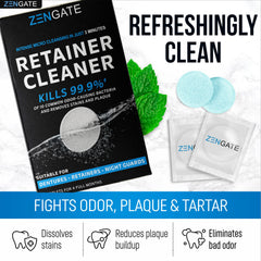 Dentures, retainers and mouthguards being cleaned with ZENGATE cleaner