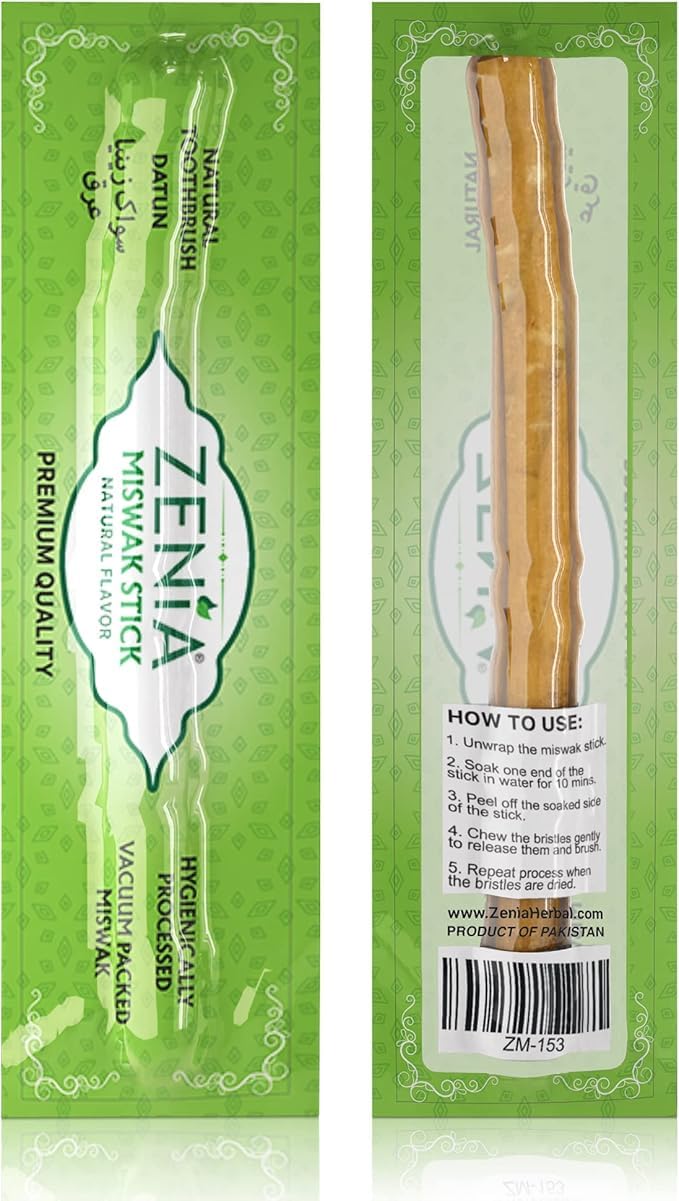 Zenia Miswak pack of 6 natural peelu toothbrush sticks in vacuum-sealed packaging