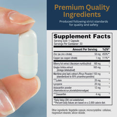 Close-up of Vision 20 bottle label showing Lutein and Zeaxanthin