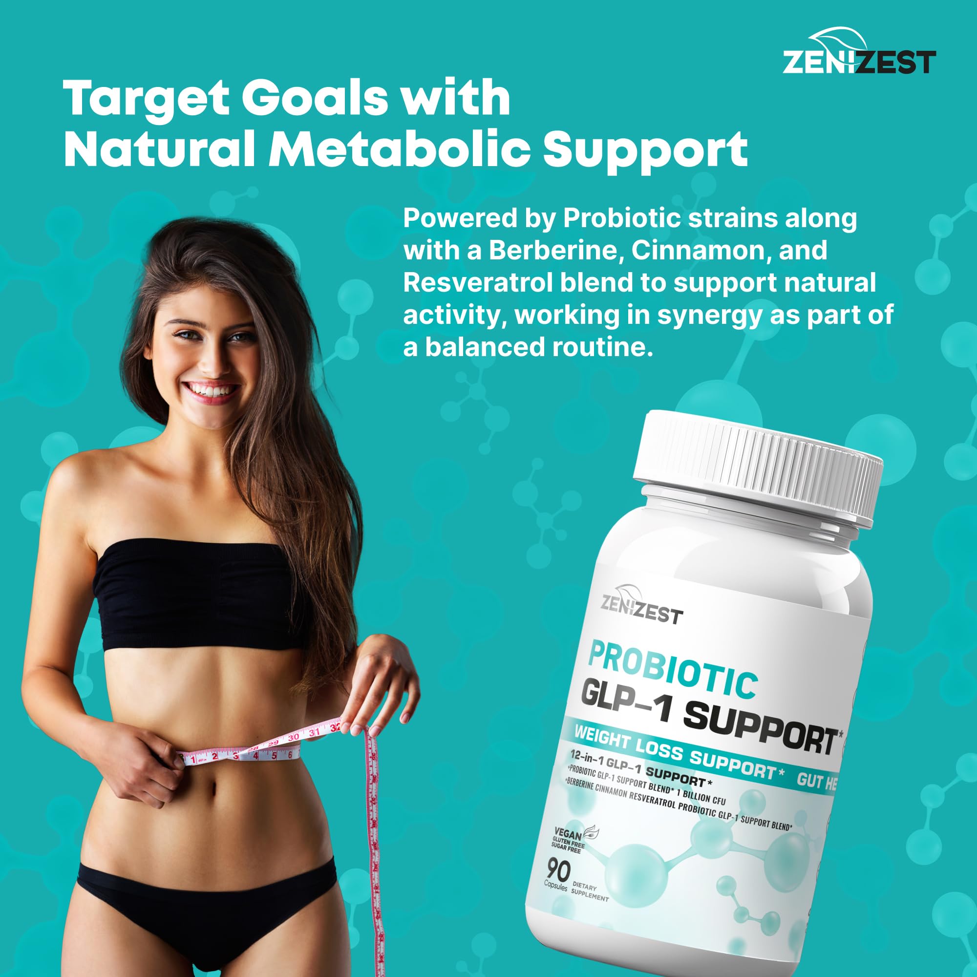 ZeniZest GLP-1 capsules close-up emphasizing vegan, allergen-free formula.