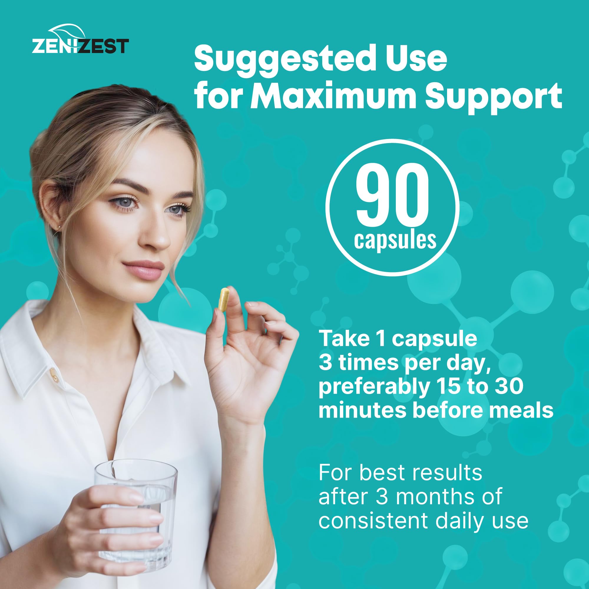 ZeniZest GLP-1 daily-use setup shows three capsules before meals.