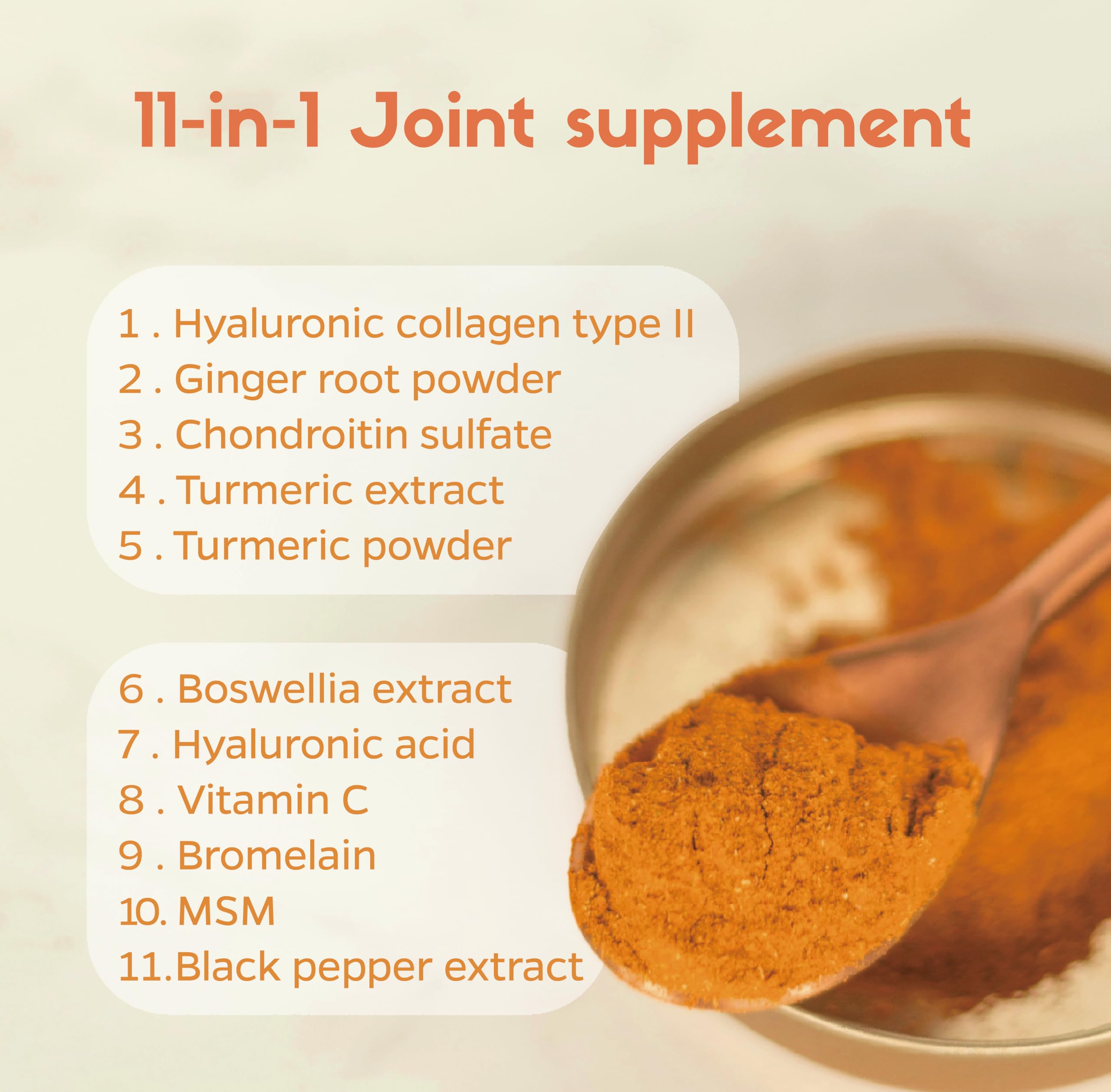 Graphic of ingredients: chondroitin, boswellia, MSM, turmeric, hydrolyzed collagen
