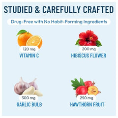 Ingredients: juniper berry, hawthorn berry, garlic, hibiscus, vitamins C, B-3, B-6, B-12