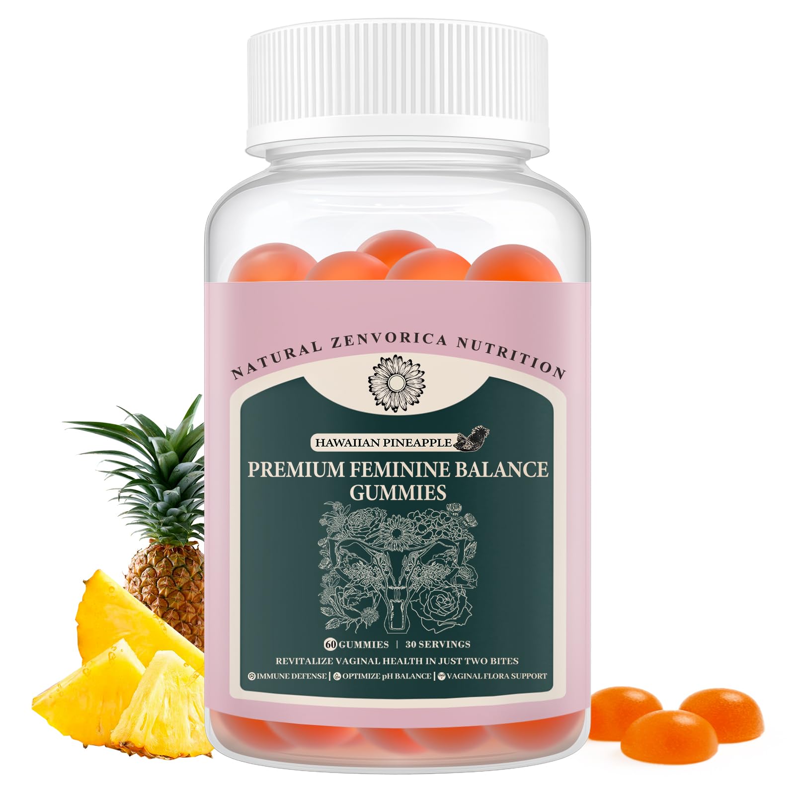 Front view of Zenvorica Feminine Balance Gummies bottle with pineapple flavor