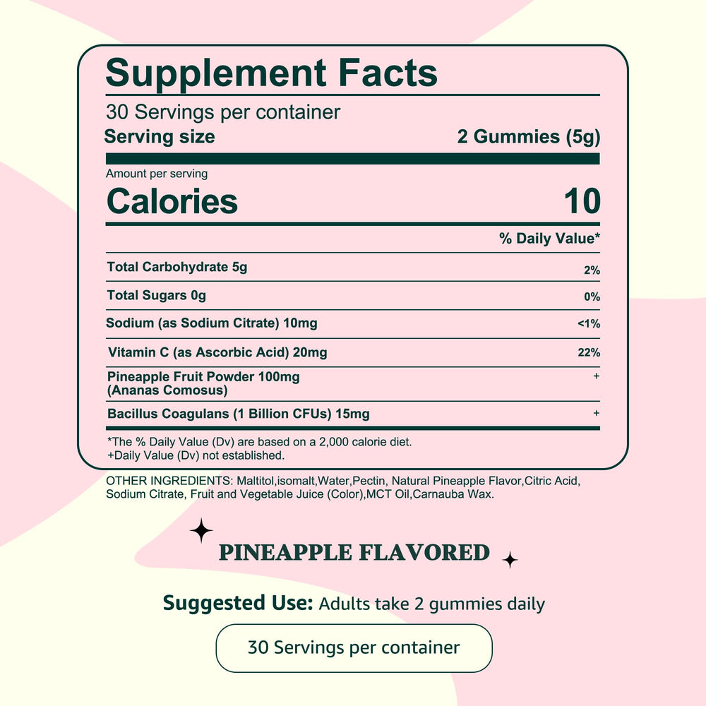 Two gummies per day serving suggestion beside a pineapple motif