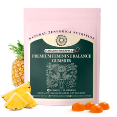 Bottle of Zenvorica Premium Feminine Balance Gummies for Women with pineapple flavor