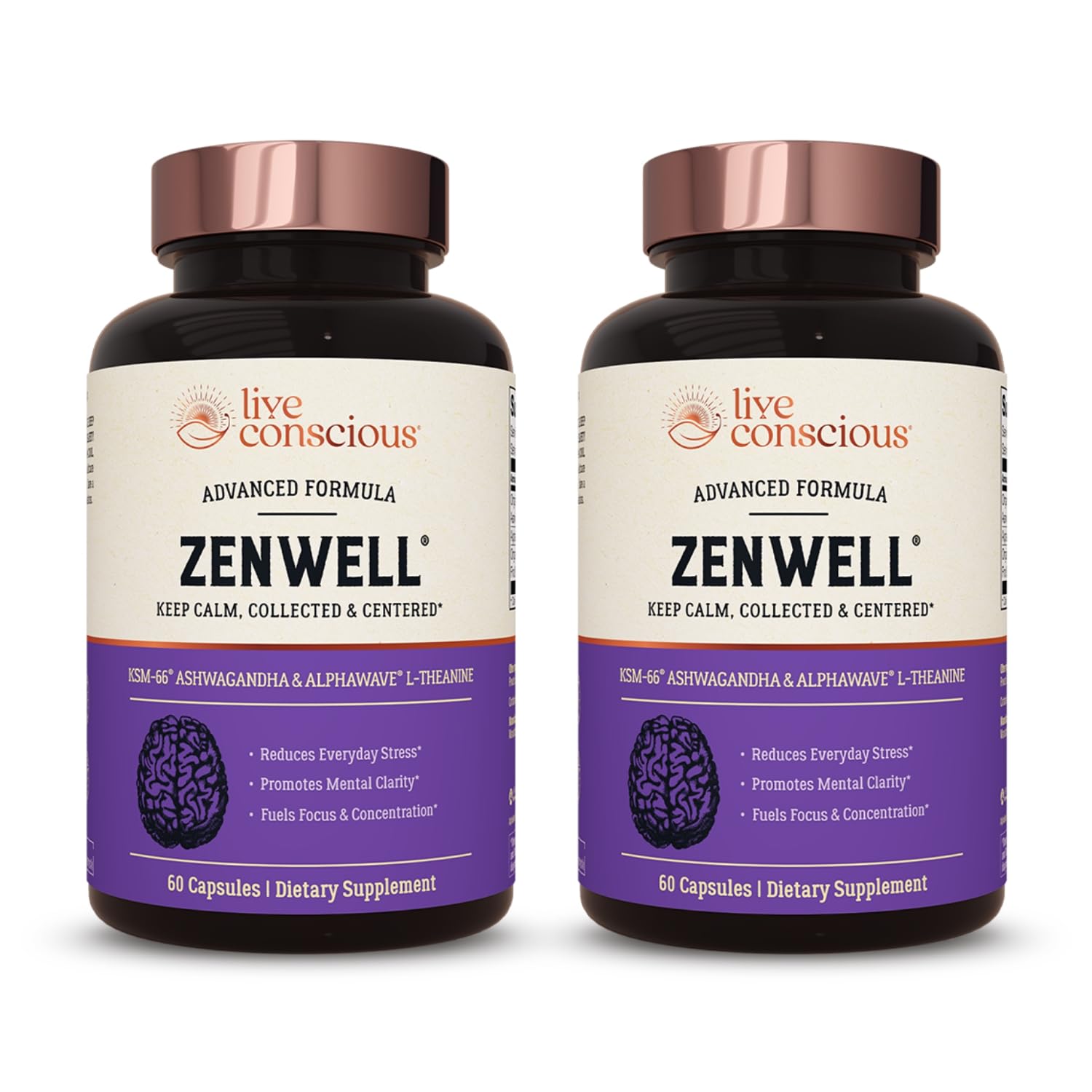 Front view of ZenWell 2-pack KSM-66 Ashwagandha with L-Theanine and AlphaWave capsules