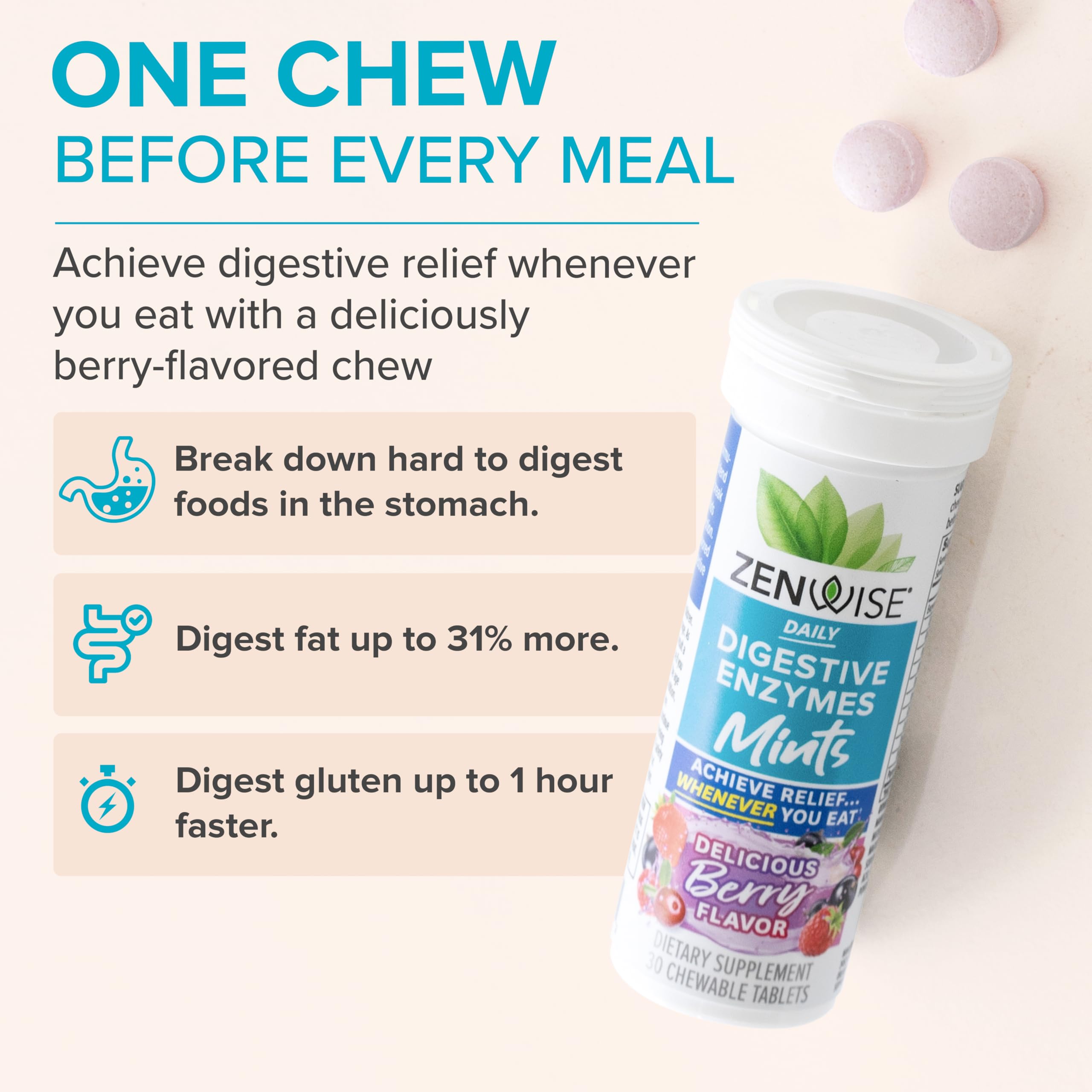 Boxed Zenwise Digestive Enzyme Mints display with 30 chews