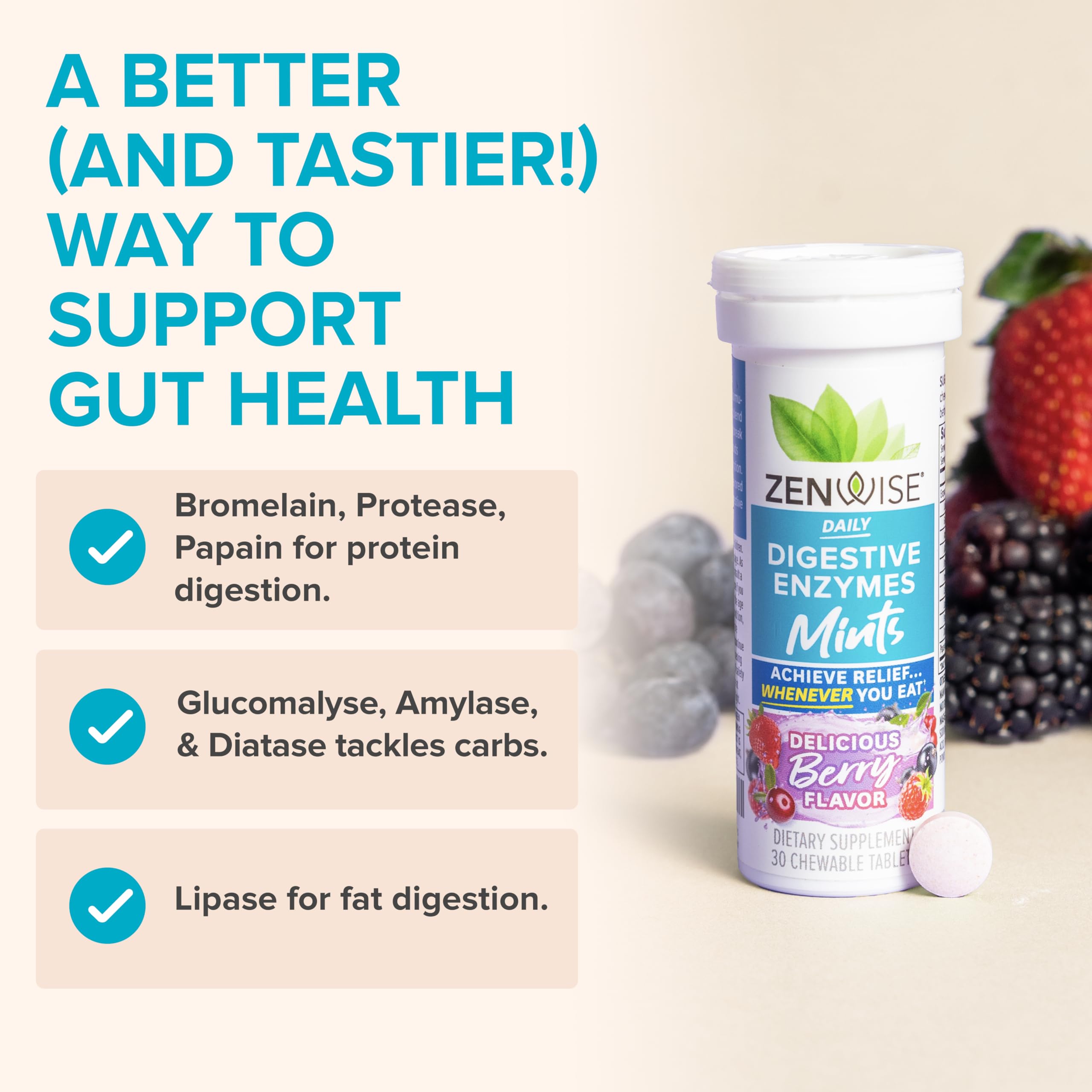 Close-up of berry-flavored digestive enzyme mints