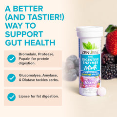 Close-up of berry-flavored digestive enzyme mints