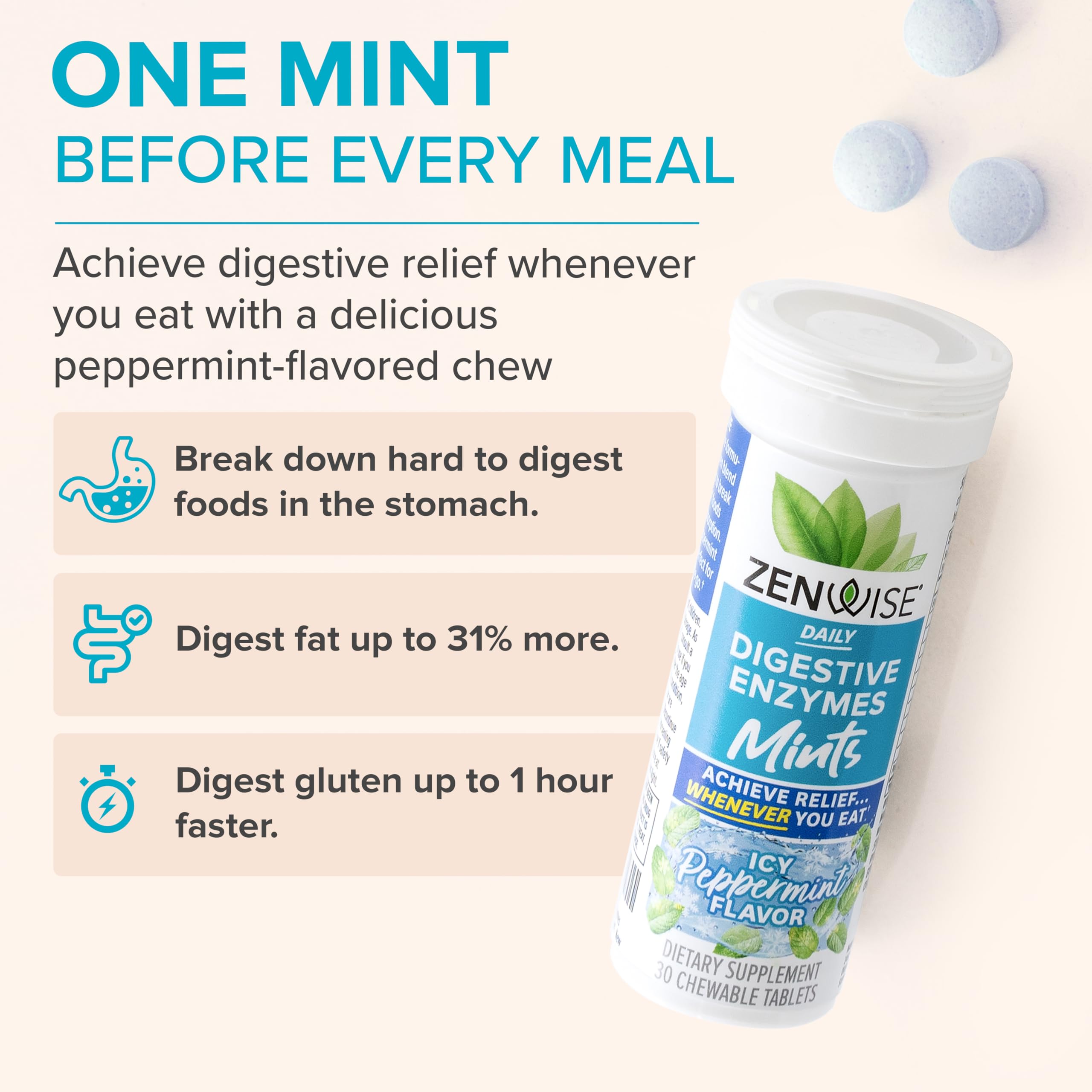 Packaging of Zenwise Digestive Enzyme Mints with bottle and outer box